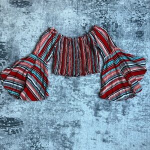 Striped Off-Shoulder Bell Sleeve Top
